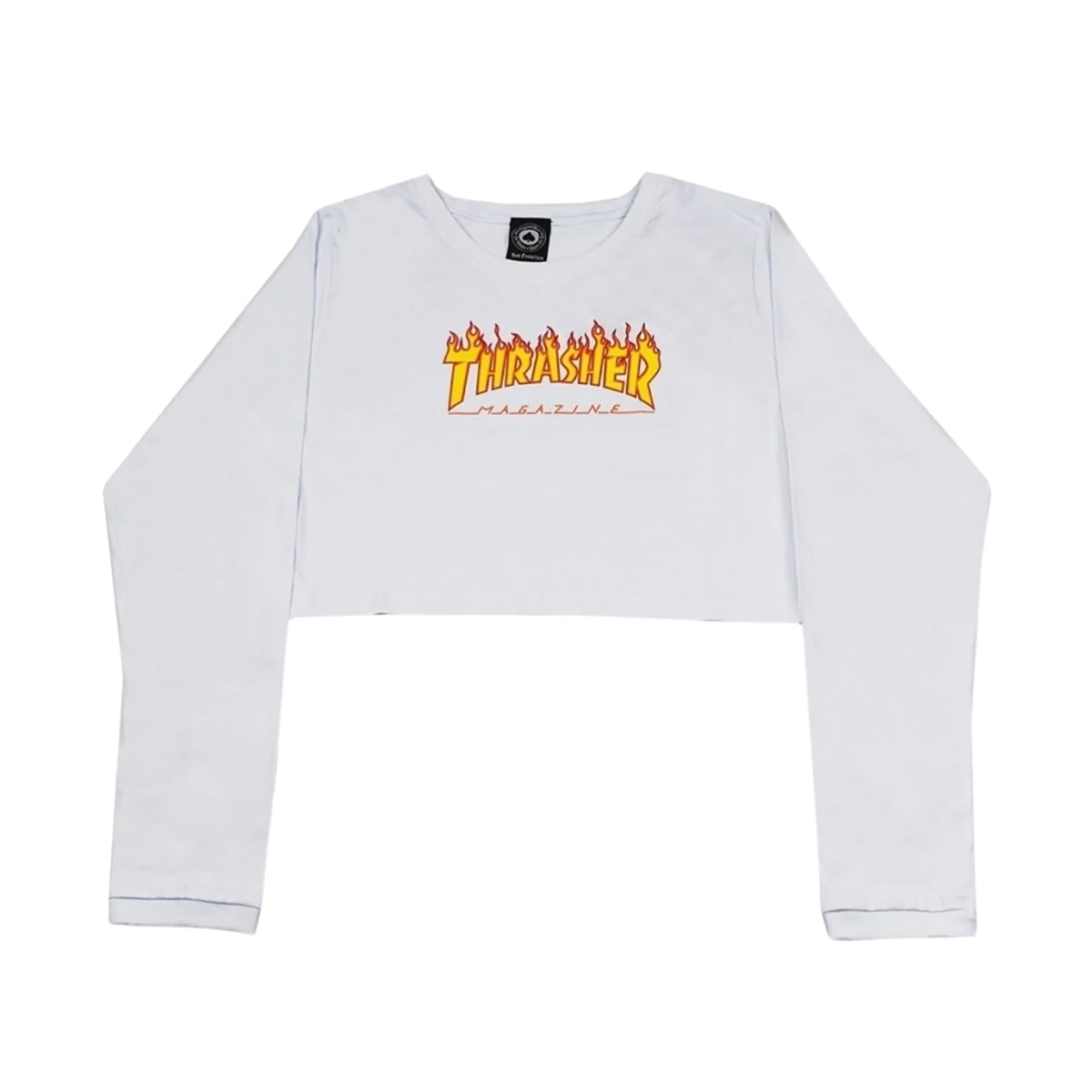 Cropped Thrasher Girl Manga Longa New Flame Branco